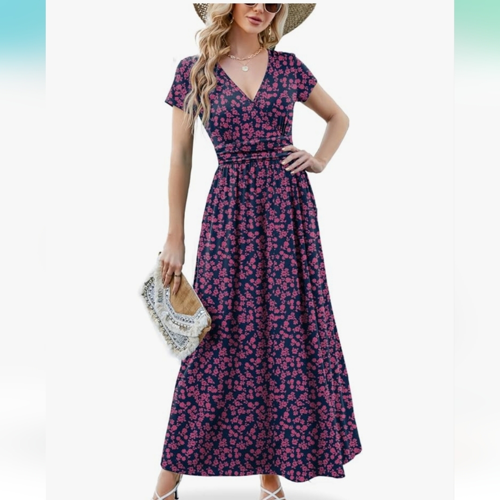 Chic Floral Maxi Dress in Navy and Pink